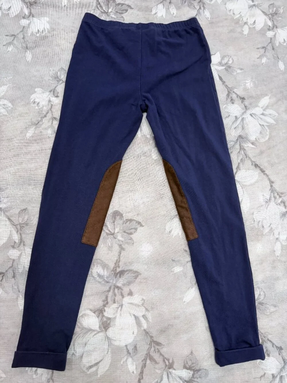 Ralph Lauren Navy Equestrian Leggings XL Girl's 16 Brown Knee Patch Riding Pants